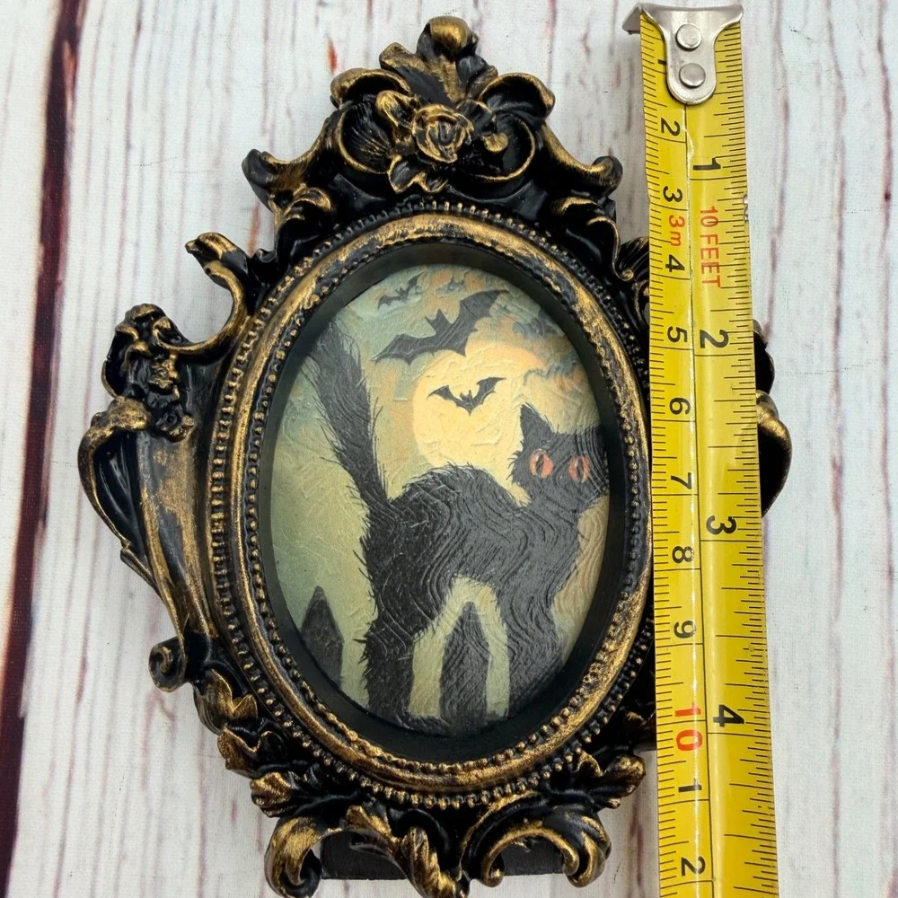 Gothic Black Cat Halloween Miniature Frame Gold Black Resin Decor 4.75in